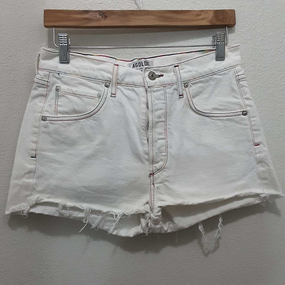 Agolde White Jean Cut-off Fringe Shorts
